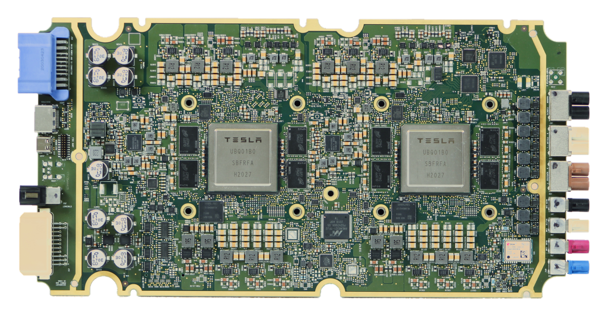 Tesla Hardware 3 FSD circuit board with two AI processors, memory packages, storage, and connectors along both sides.